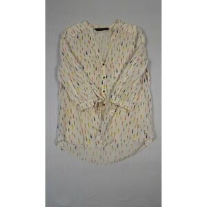 Zara Basic Doll Print Blouse White Cotton Size M 3/4 Tie Sleeve Button Up